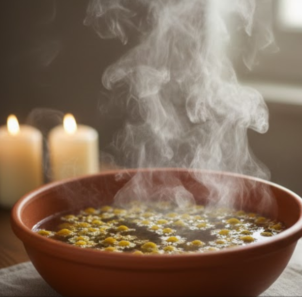 Vorbereitung einer Kamillen-Inhalation mit heißem Wasser und Blüten