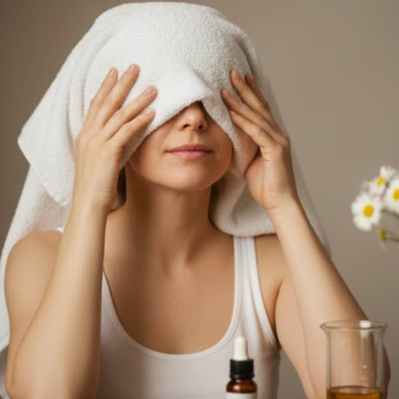 Ein in Kamillentee getränktes Tuch für eine hautberuhigende Kompresse