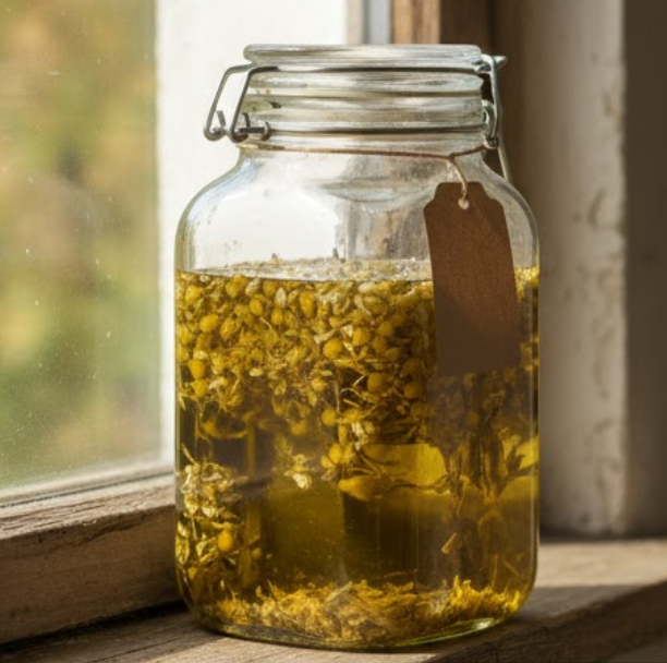 Hausgemachtes Kamillenöl in einem Glasgefäß zur Bauchmassage