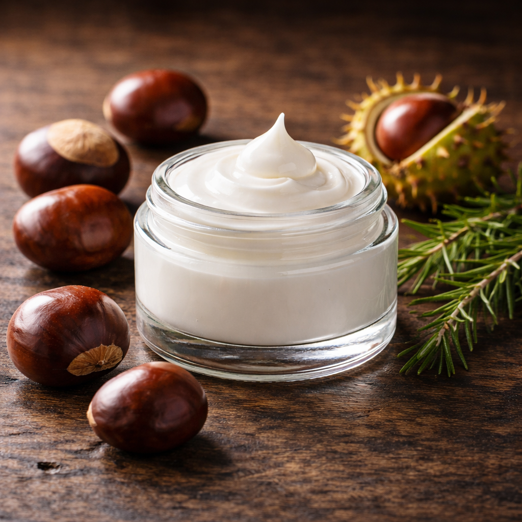 Ein Glastiegel mit einem reichhaltigen weißen Balsam auf einem dunklen Holztisch.