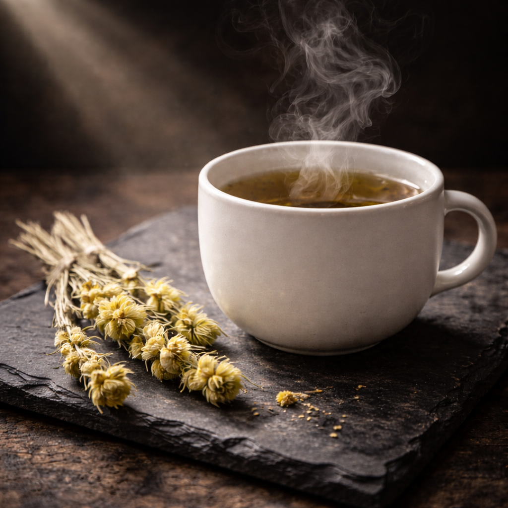 Eine minimalistische weiße Keramiktasse auf einer dunklen Schieferplatte.