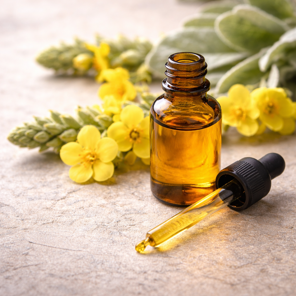 Ein kleines Fläschchen mit sonnengelbem Öl