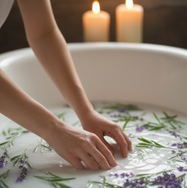 Therapeutisches Lavendelbad mit getrockneten Blüten zur Entspannung