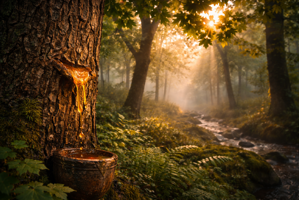 Der orientalische Amberbaum (Sığla) in einem sonnendurchfluteten Wald in Muğla, bekannt für sein heilendes goldenes Harz.