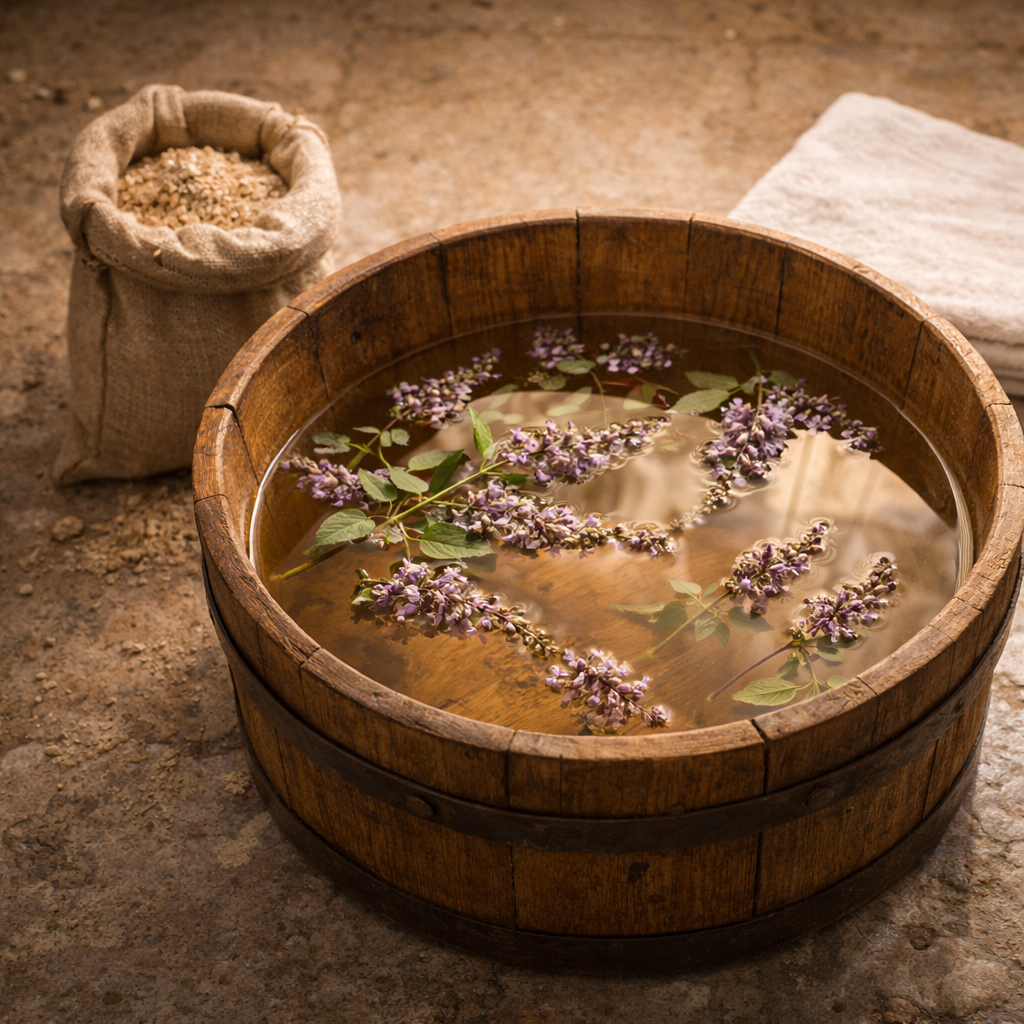 Lokman Hekim Fußbad: Ein entspannendes Bad aus Mönchspfeffer-Blüten und Weizenkleie zur Linderung von geschwollenen Beinen und Ödemen.