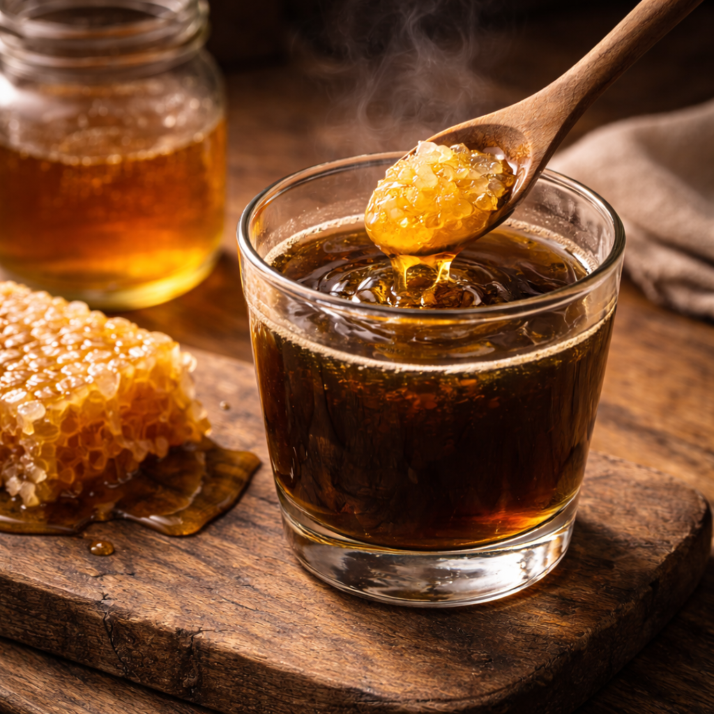 Traditionelle Wurmkur mit Honig: Konzentriertes Wermut-Dekokt, gesüßt mit rohem Honig nach antiker Empfehlung.