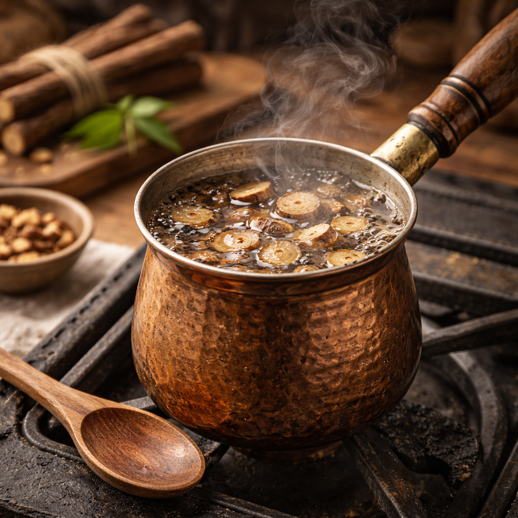 Zubereitung eines Süßholz-Dekokts: Die traditionelle Abkochung der Wurzel zur Linderung von Husten.