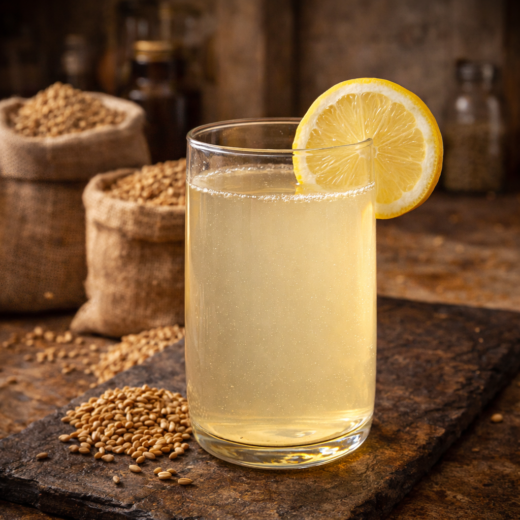 Ein elegantes Glasgefäß mit klarem, leicht golden schimmerndem Gerstenwasser auf einem rustikalen Leinentuch.