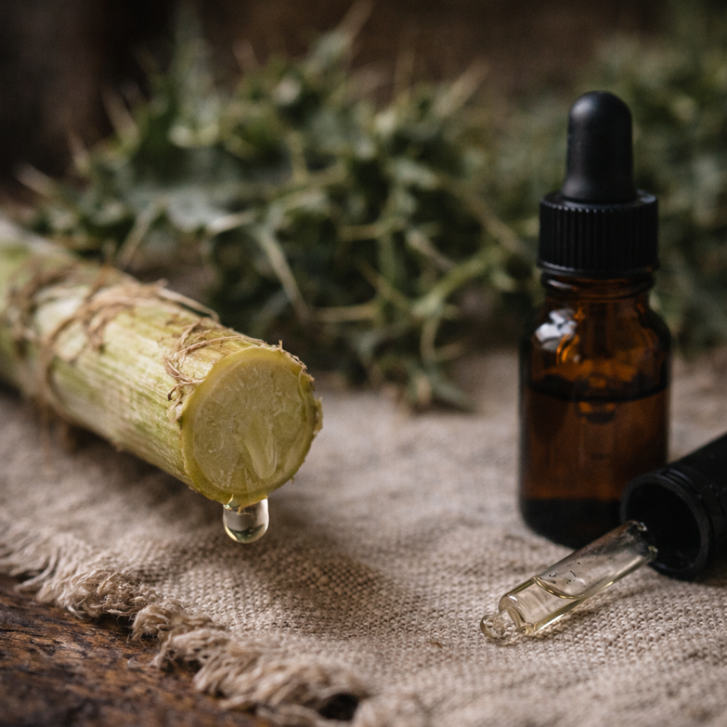 Eine dampfende Keramiktasse mit Benediktendistel-Tee neben einem dornigen Zweig der Pflanze und einem kleinen Fläschchen Bitter-Essenz zur Anregung der Verdauung.