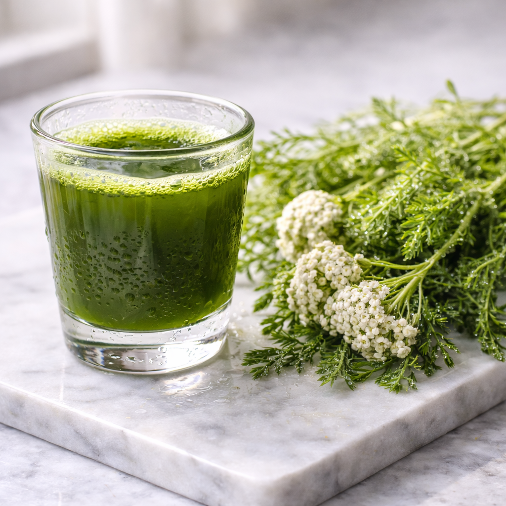 Frischsaft aus Schafgarbenkraut: Ein konzentriertes Magen-Elexier mit wertvollen Bitterstoffen.