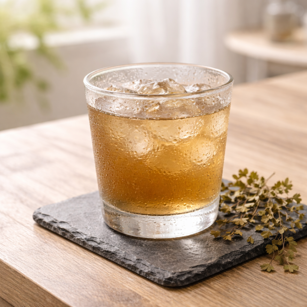 Kalter Frauenhaarfarn-Auszug: Ein beschlagenes Glas mit kaltem Tee zur Beruhigung von Magenkrämpfen.