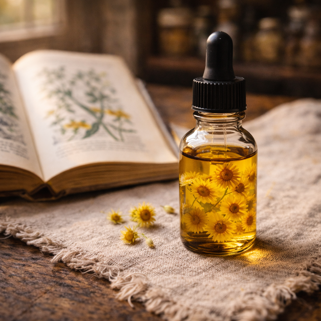 Ein ästhetisches Apothekergläschen mit Pipette, gefüllt mit einem goldfarbenen Öl, in dem einige kleine Strohblumen schweben.