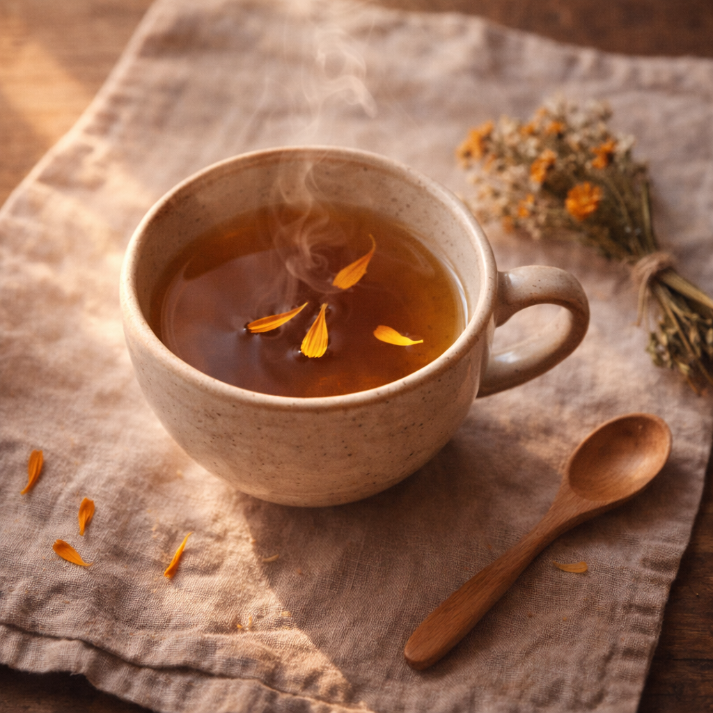 Eine Tasse dampfender Ringelblumentee mit schwimmenden Blütenblättern, ideal als Gurgellösung bei Entzündungen im Mundraum.