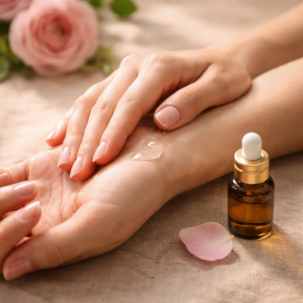 Aromatherapeutische Anwendung von ätherischem Rosenöl zur Entspannung und Herzberuhigung.