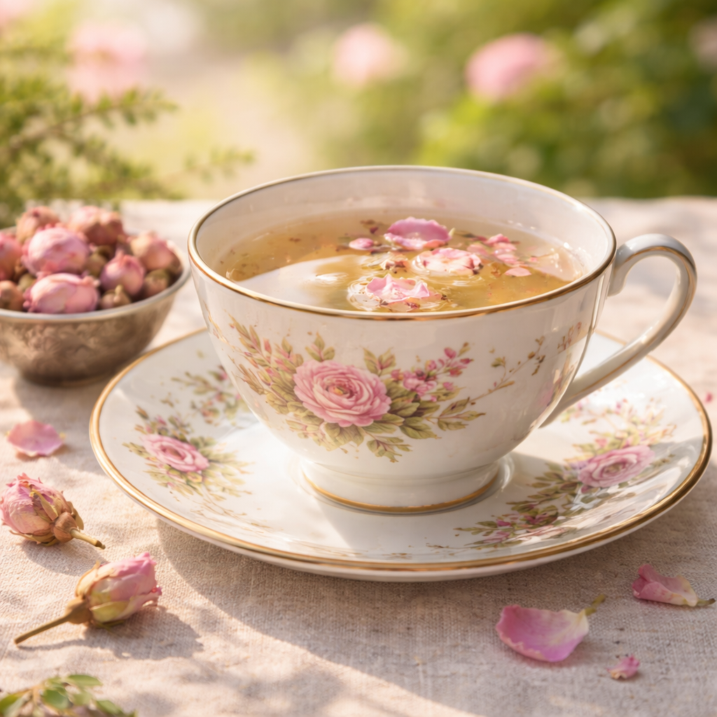 Beruhigender Rosenblütentee aus getrockneten Damaszener-Rosen zur Entspannung und Magenpflege.