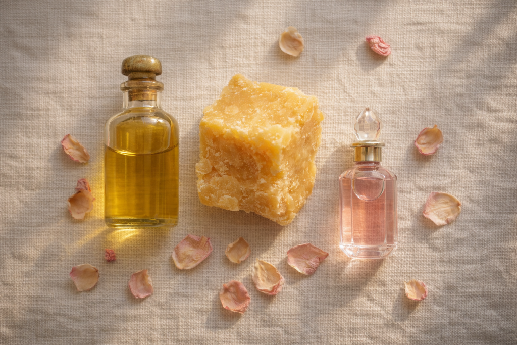 Zutaten für Ceratum Galeni: Mandelöl, Bienenwachs und Rosenwasser auf Leinenhintergrund