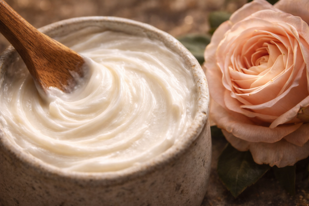 Textur der handgefertigten Galenischen Cold Cream mit Damaszener Rose