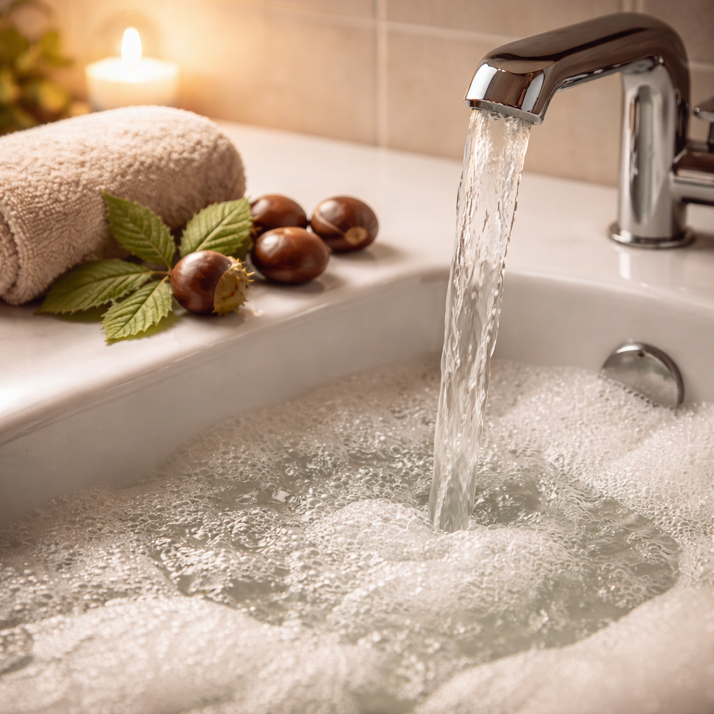 Am Wannenrand liegen grüne Kastanienblätter und braune Kastanien.