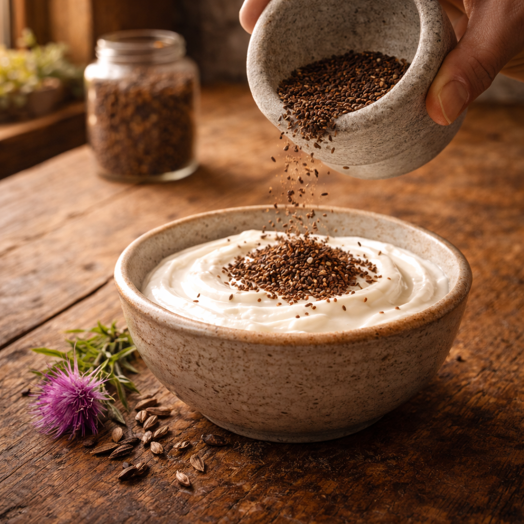 Geleneksel uygulama: Taze öğütülmüş Deve Dikeni tohumları, Silymarin emilimini artırmak için yoğurtla karıştırılır.