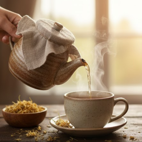 Eine Tasse frisch aufgebrühter Kamillentee mit getrockneten Blüten