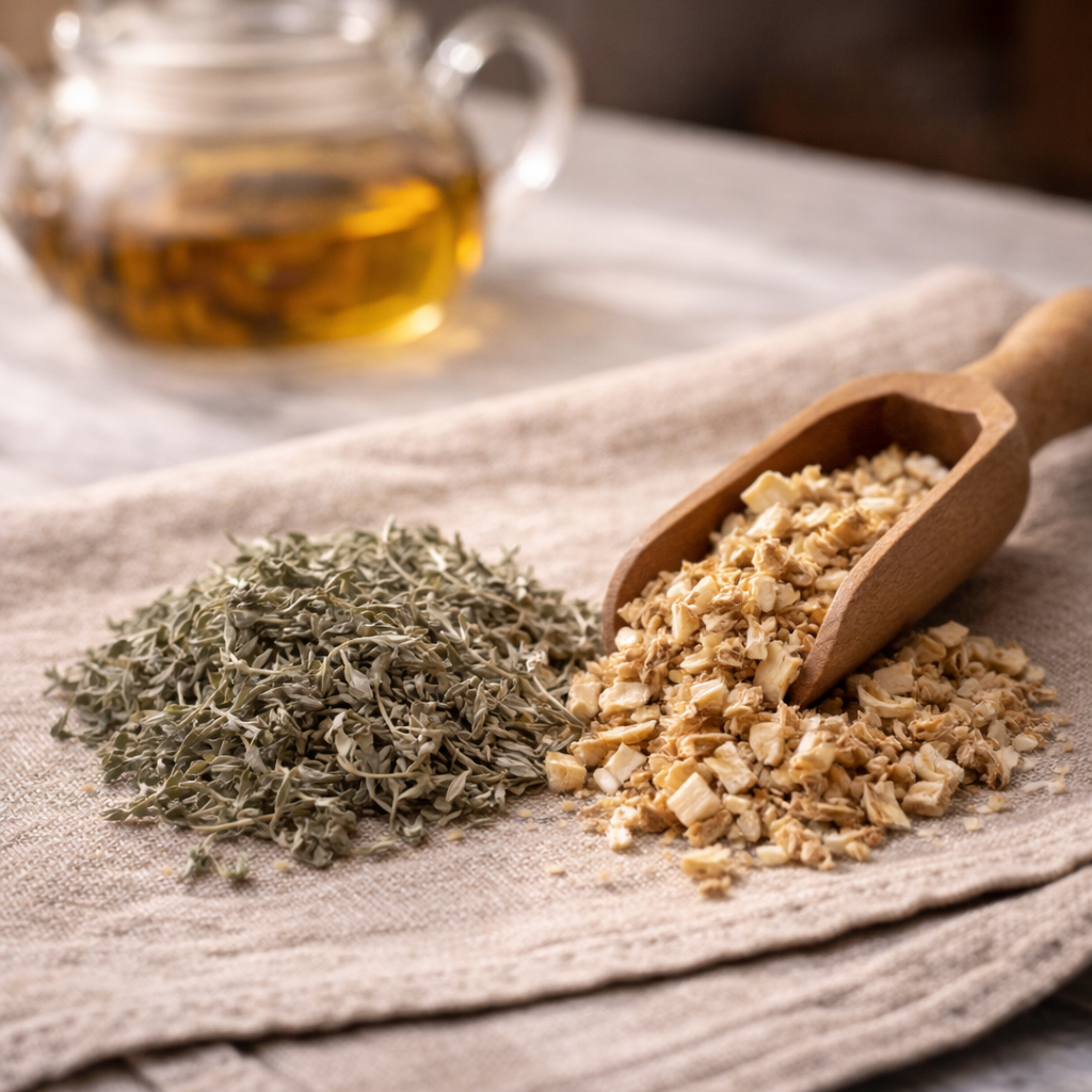 Kräutermischung für Hustentee: Wermutkraut kombiniert mit Eibischwurzel zur Linderung von Hustenreiz.