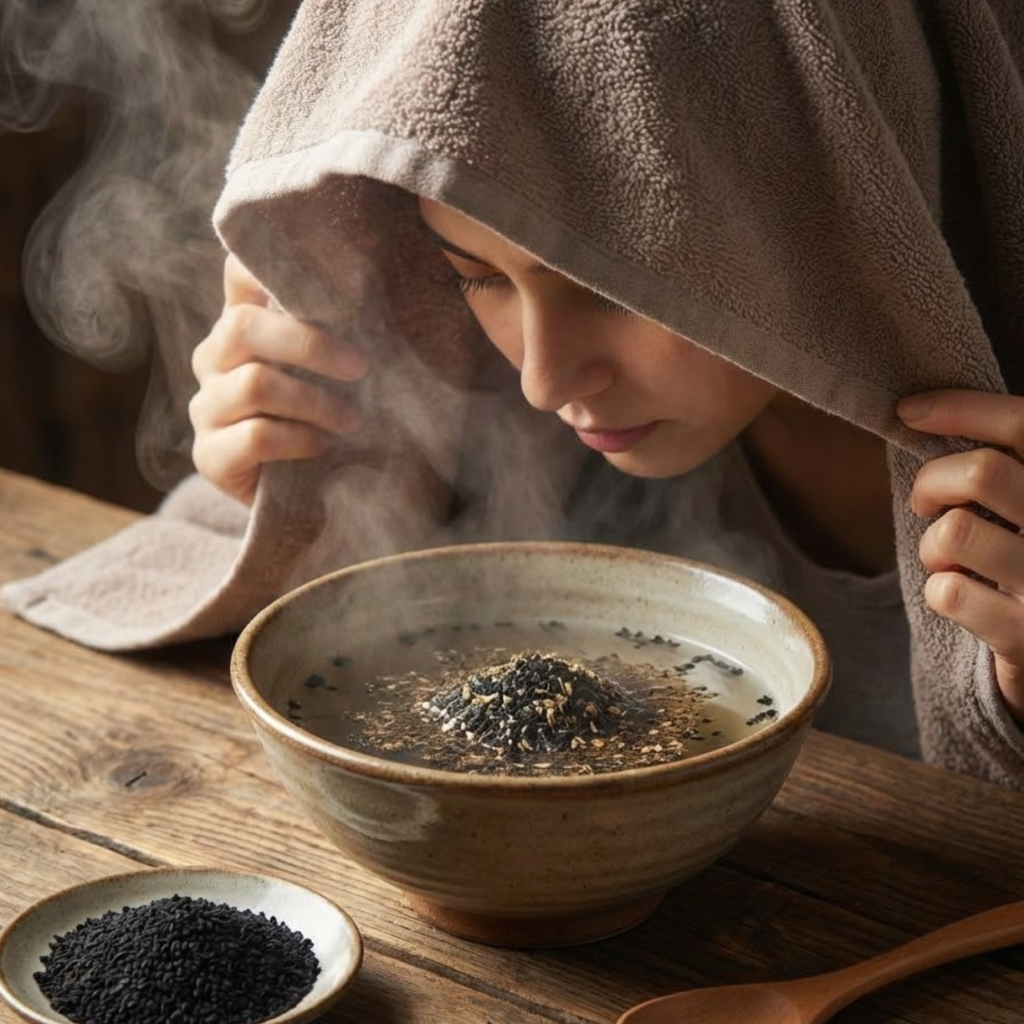 Hausmittel Inhalation mit Schwarzkümmel bei Atemwegsbeschwerden und Erkältung