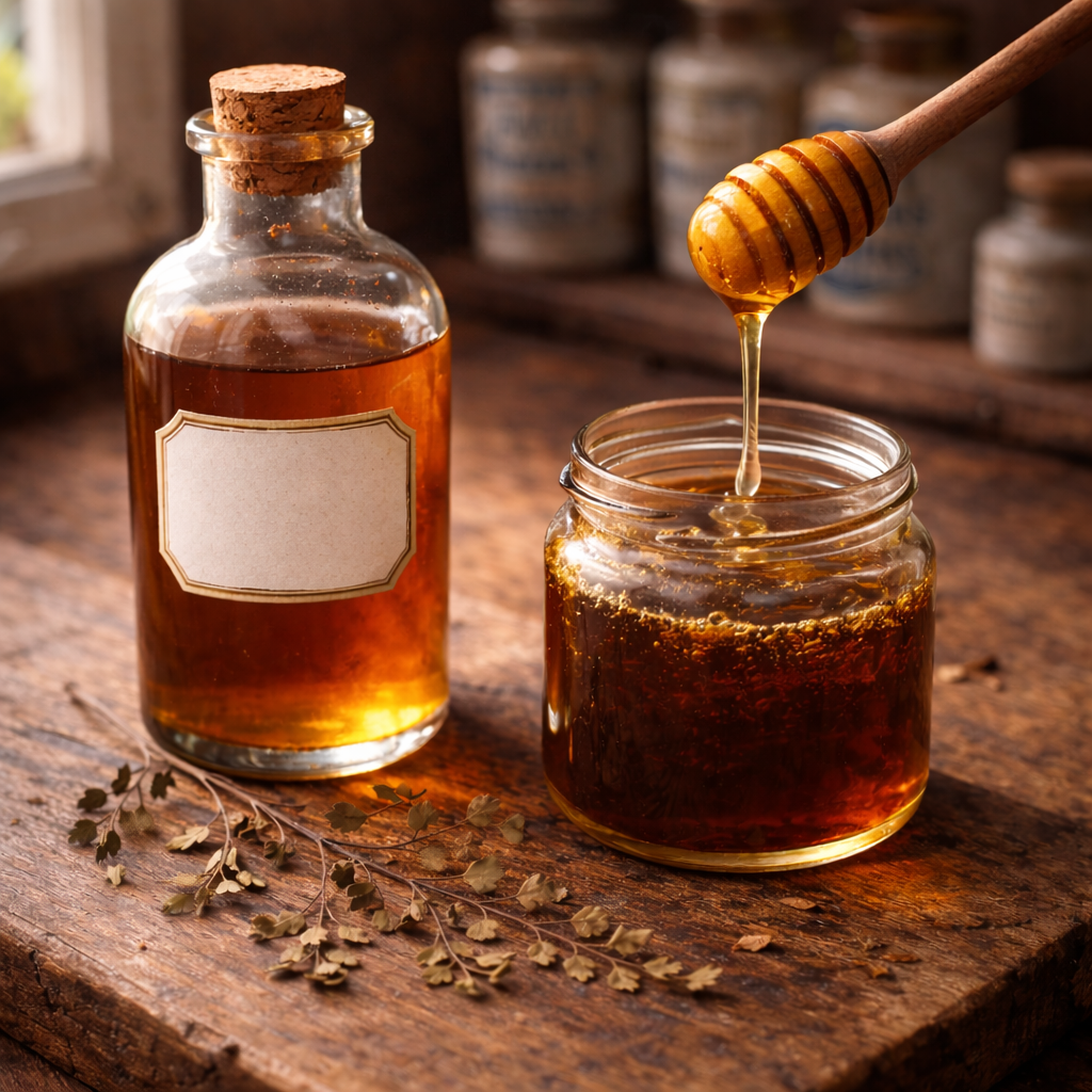 Traditioneller Sirop de Capillaire: Hausgemachter Hustensirup aus Frauenhaarfarn und Honig in einer Apothekerflasche.