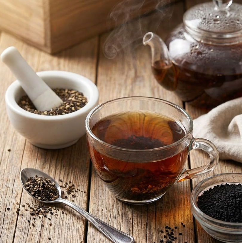 Frisch aufgebrühter Schwarzkümmeltee zur Linderung von Blähungen und Verdauungsproblemen