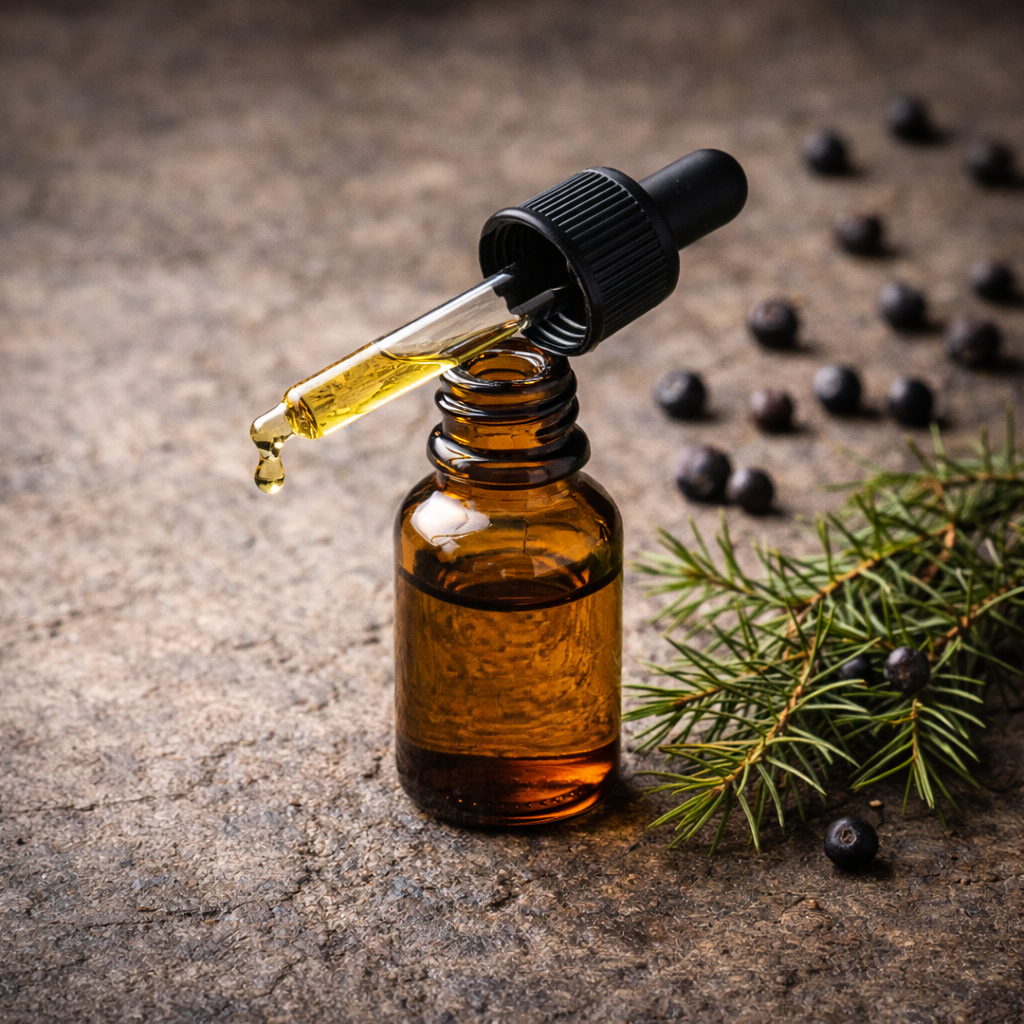 Ein braunes Glasfläschchen mit einer Glaspipette auf einem groben Steintisch.