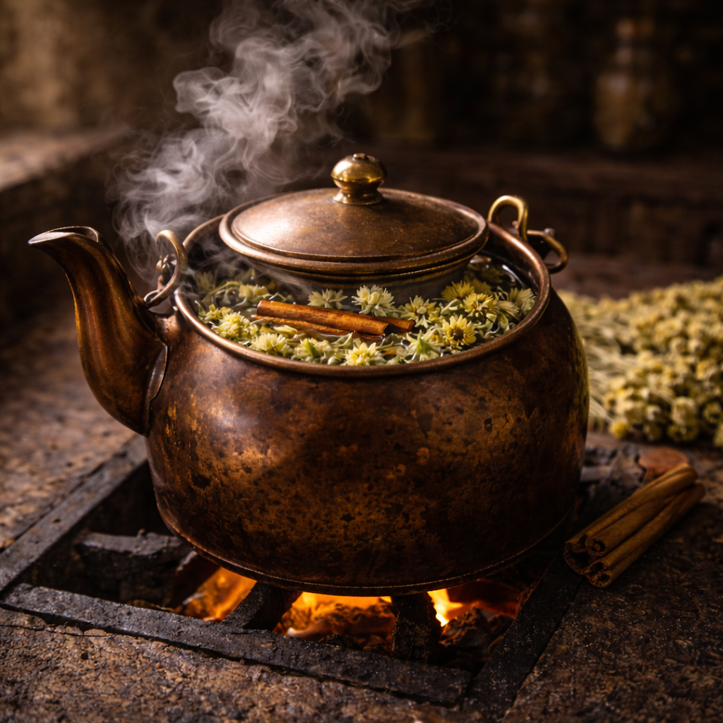 Ein rustikaler Kupferkessel über einer kleinen, brennenden Flamme. Dampf steigt auf, Sideritis-Blüten und Zimtstangen sind im Wasser sichtbar.