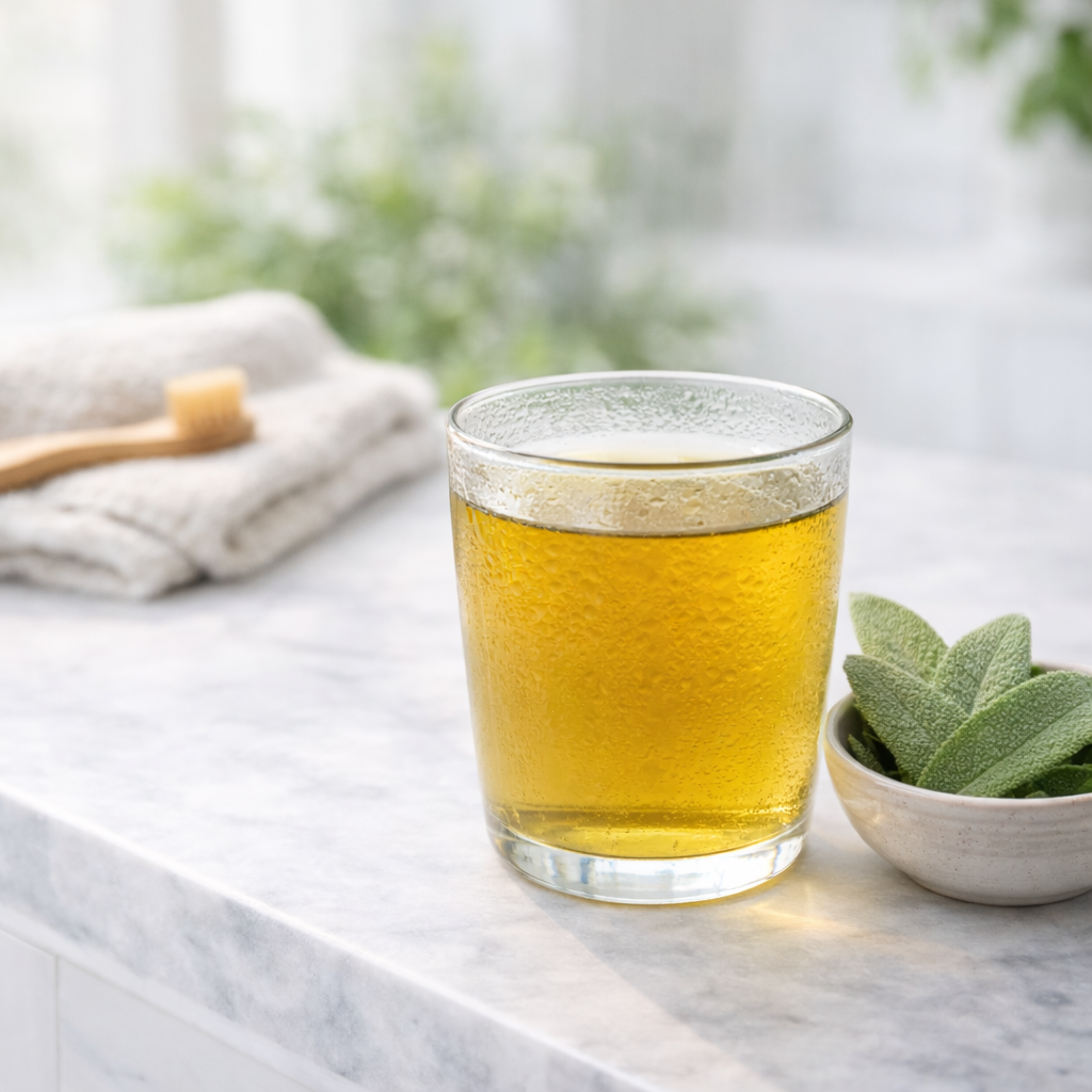 Natürliche Lösung für gesunde Zahnfleisch: Mundwasser aus gekühltem Frauenminze-Tee.