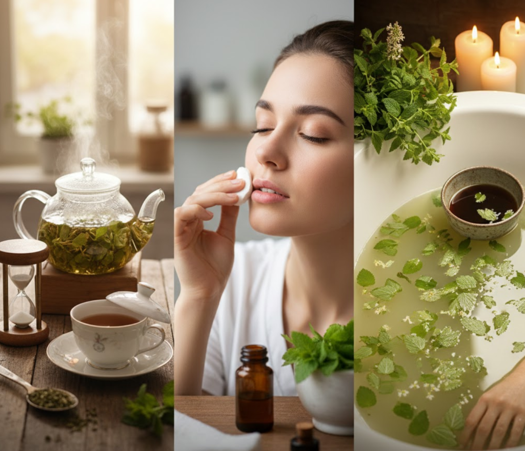 Tasse Melissentee zur Entspannung vor dem Schlafengehen