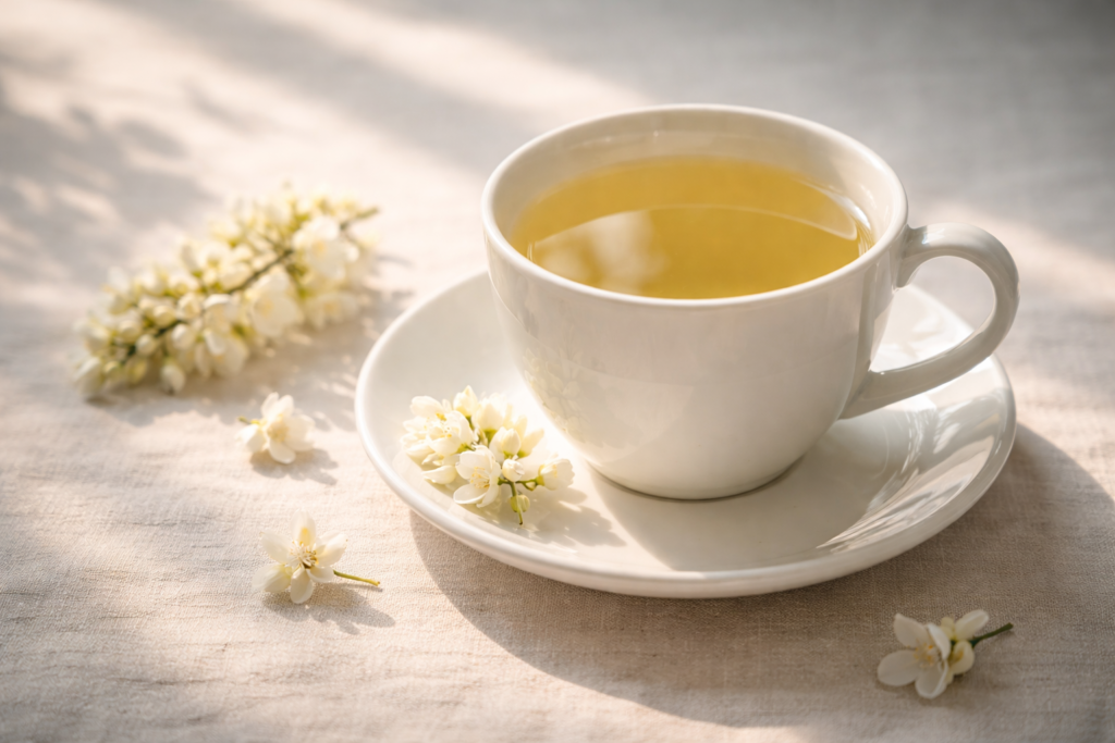 Ein realistischer Zweig der Akazie (Acacia nilotica) mit gelben Blüten auf schwarzem Hintergrund, verziert mit goldenem Schriftzug „Die Akazie - Herbal Wisdom“