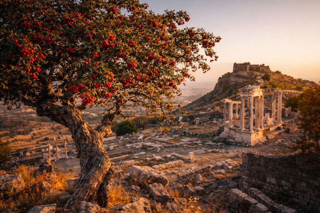 Der Weißdorn (Alıç) in seiner historischen Heimat Pergamon: Eine Pflanze, die schon der antike Arzt Galenos von Bergama zur Stärkung des Herzens nutzte.
