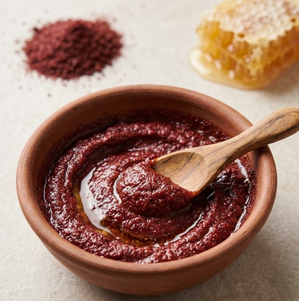 Natürliche Hautpflege mit Sumach: Eine antibakterielle Gesichtsmaske aus Sumak-Pulver und Honig zur Klärung unreiner Haut.