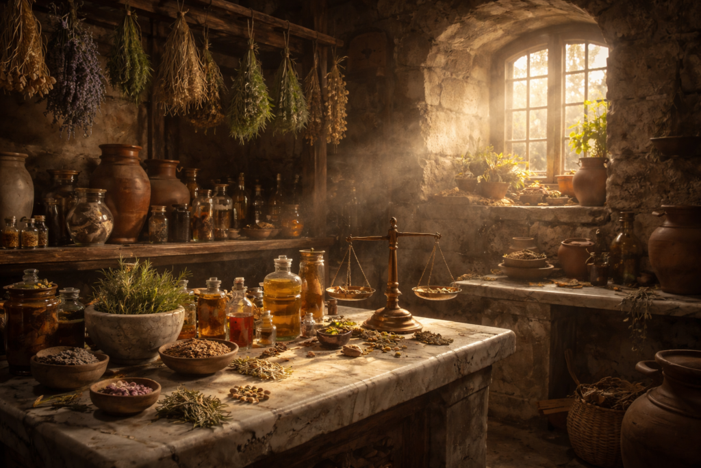 Rekonstruktion eines antiken Apotheker-Labors im Asklepieion von Pergamon