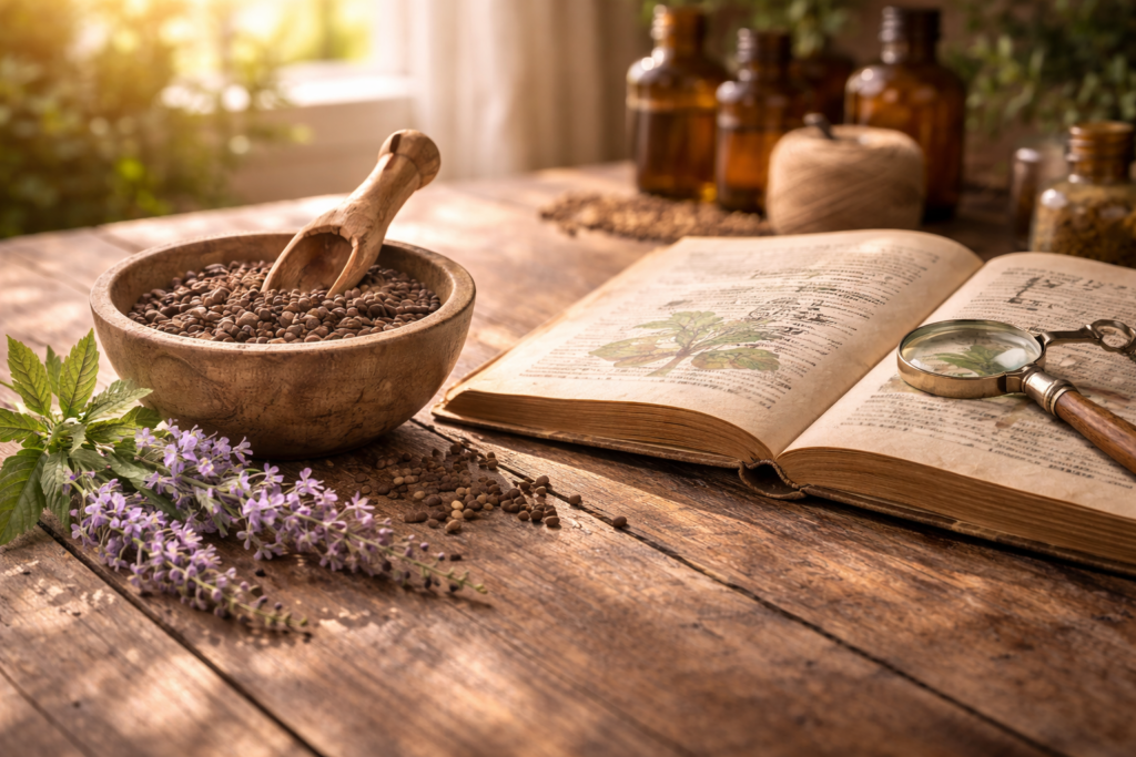 Auf dem Tisch liegen getrocknete Mönchspfeffer-Samen in einer handgetöpferten Tonschale, daneben ein Zweig frischer lila Blüten.