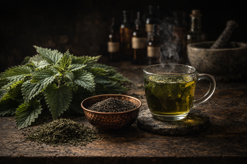 Eine detaillierte botanische Illustration der Brennnessel, die Blätter und feine Brennhaare zeigt.