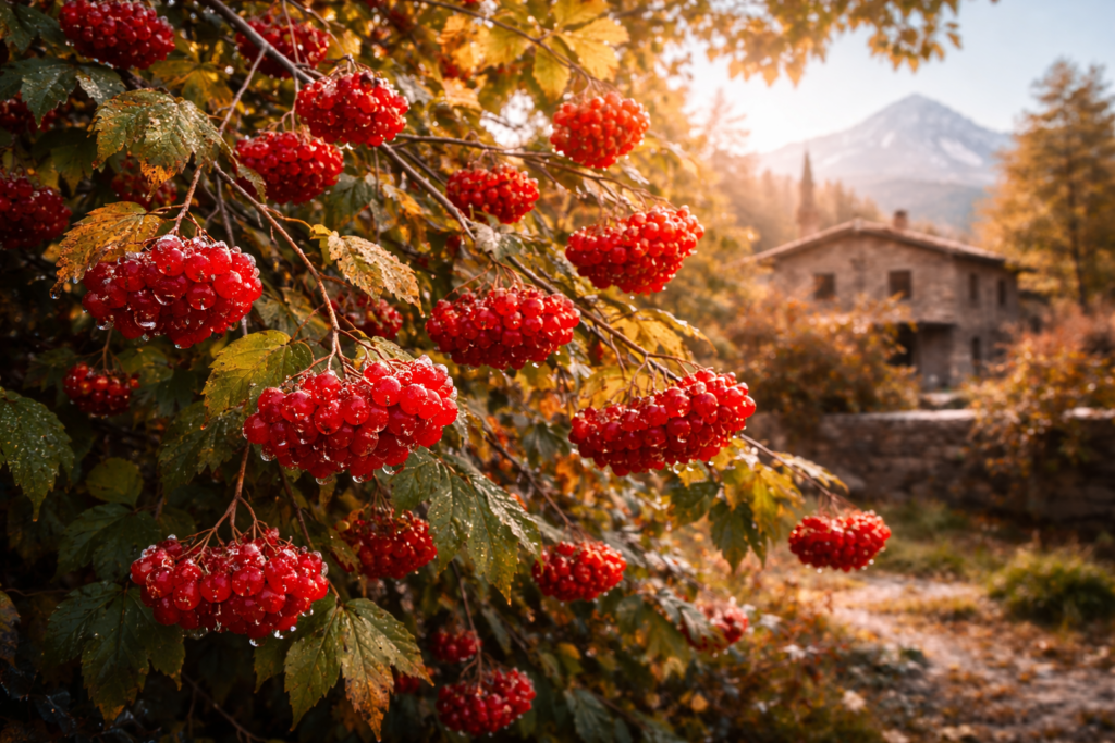 Viburnum opulus (Gilaburu) meyveleri sonbahar güneşinde hasada hazır – Anadolu’nun bereketli topraklarından doğal bir manzara.