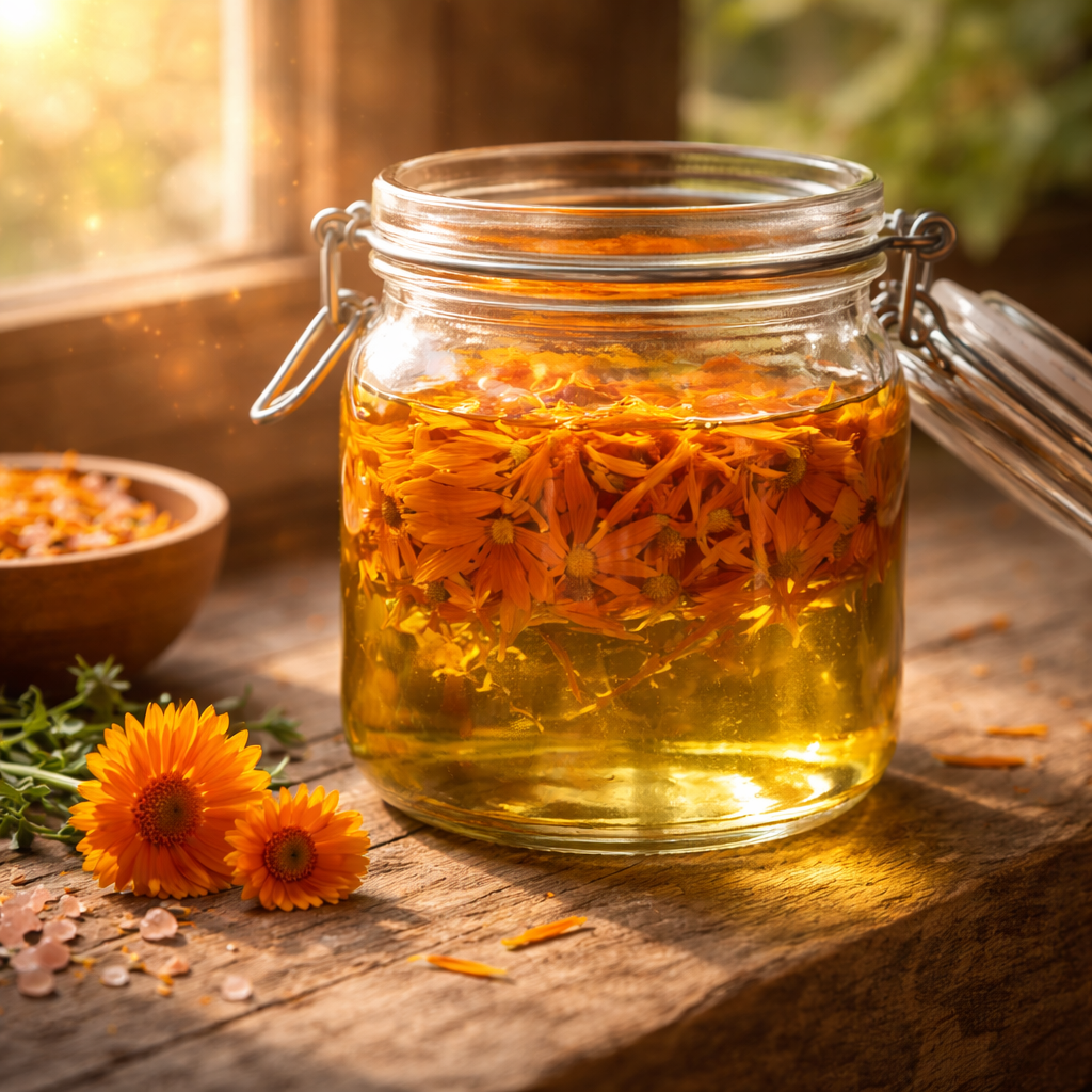 Ein Glas mit leuchtenden Ringelblumenblüten in goldenem Öl, das in der Sonne reift, um ein heilendes Aynısafa-Öl-Mazerat zu bilden.