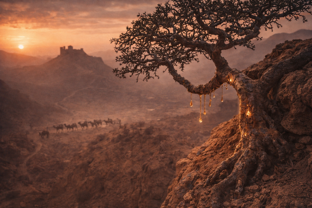 Ein alter Weihrauchbaum in einer Felsenlandschaft bei Sonnenuntergang, dessen Harz goldene Tränen bildet. Im Hintergrund zieht eine Karawane an einer Festung vorbei – ein Symbol für die historische Bedeutung des Akgünlük.