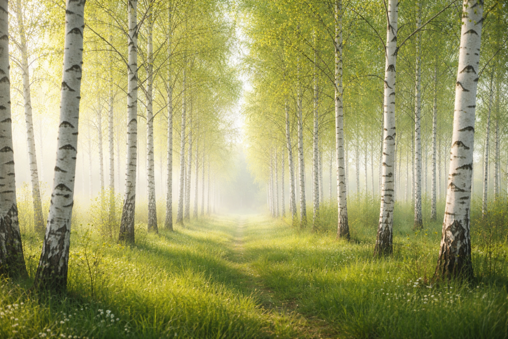 A wide-angle, cinematic photograph of a serene silver birch forest in early spring