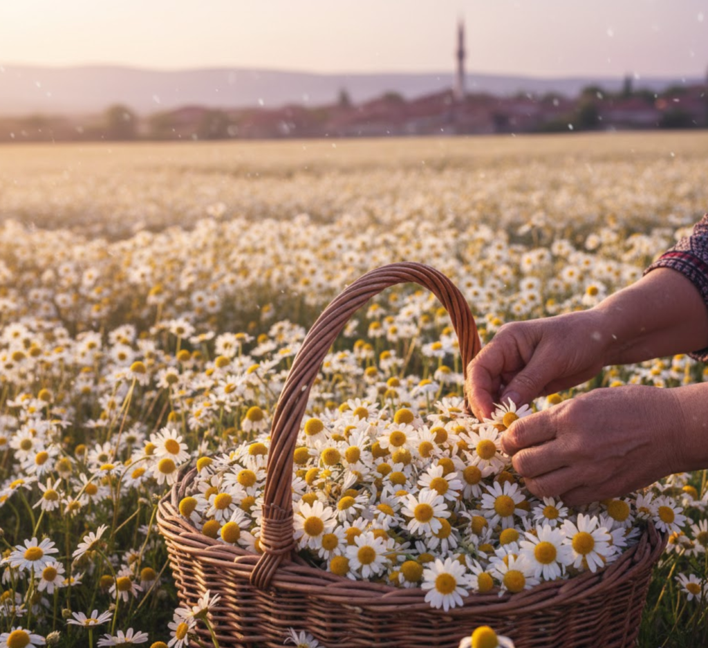 Echte Kamillenblüten in einem Weidenkorb auf einem anatolischen Feld