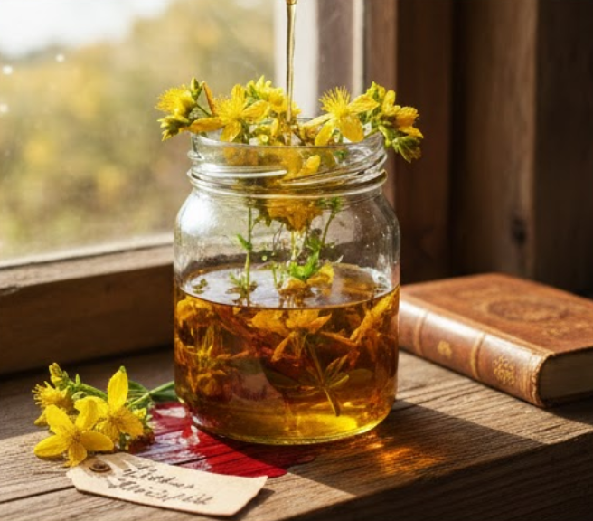 Zubereitung von anatolischem Rotöl aus Johanniskrautblüten in Olivenöl