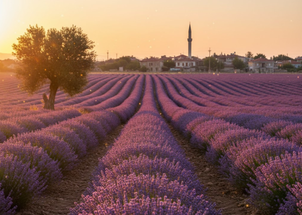 Lavendelfelder in Kuyucak Isparta Anatolien bei Sonnenuntergang
