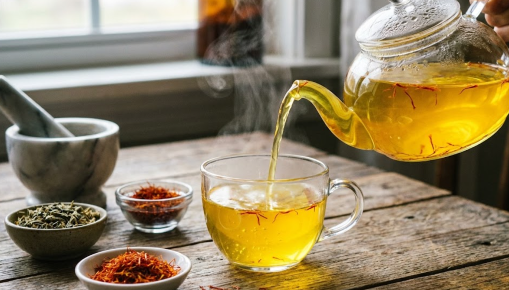 Frisch zubereiteter Safran-Tee mit goldgelber Färbung.