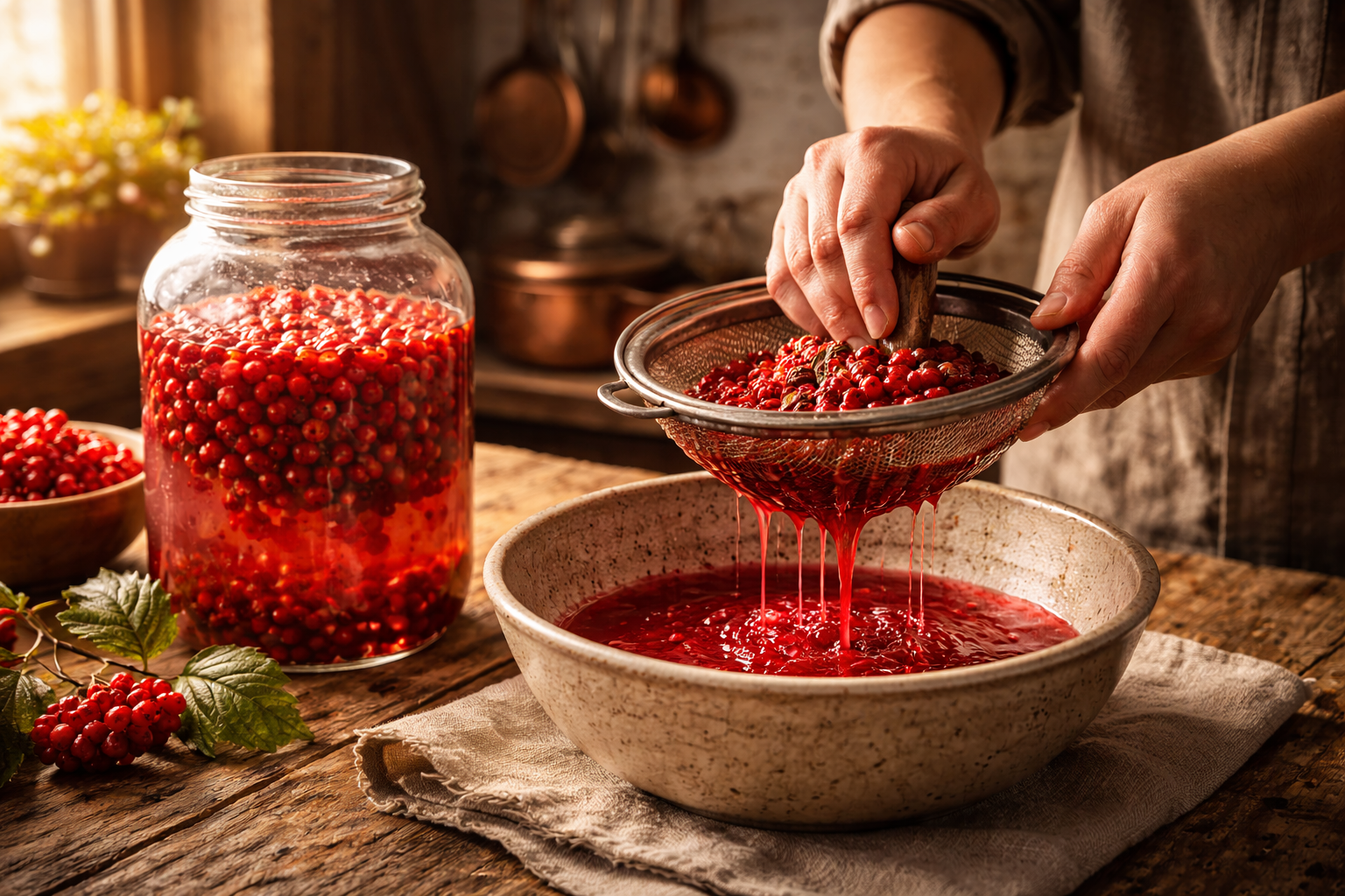 Traditionelle Herstellung von Gilaburu-Saft: Die in Wasser gereiften Beeren werden durch ein Sieb gepresst, um das rubinrote Elixier zu gewinnen.