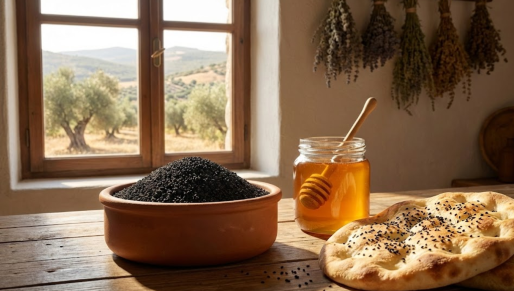 Schwarzkümmelsamen mit Honig und anatolischem Fladenbrot auf einem rustikalen Holztisch