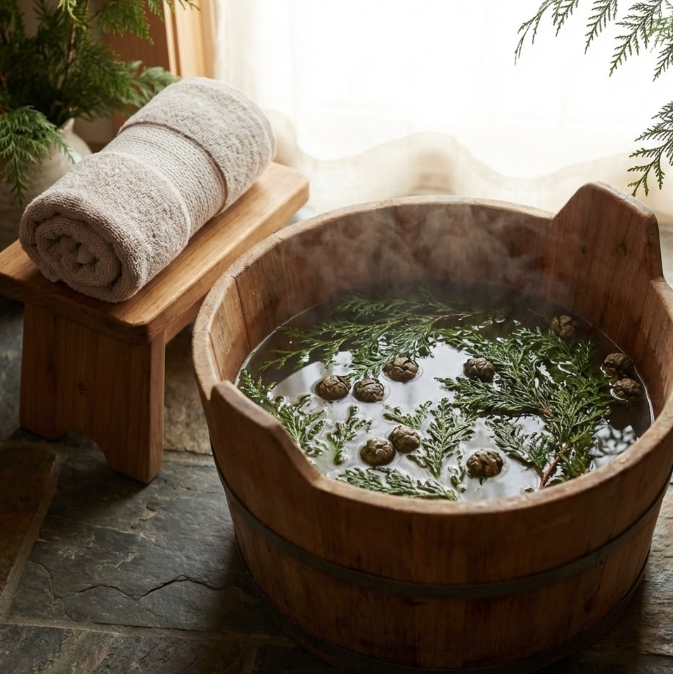 Wohltuendes Fußbad mit Zypressen-Dekokt: Natürliche Hilfe bei schweren Beinen und zur Unterstützung der Venenfunktion.