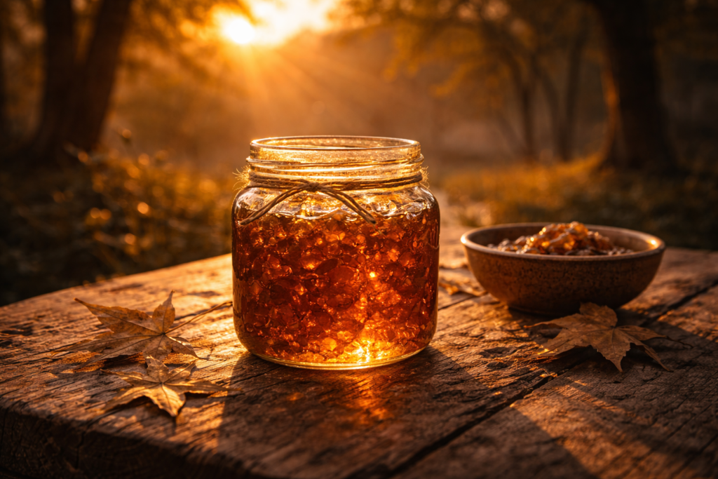 Gün batımında, cam bir kavanoz içinde altın gibi parlayan toplanmış Sığla reçinesi (Günlük), etrafında kurumuş yapraklarla. Anadolu'nun kadim şifa hazinesinin huzurlu kapanışı.